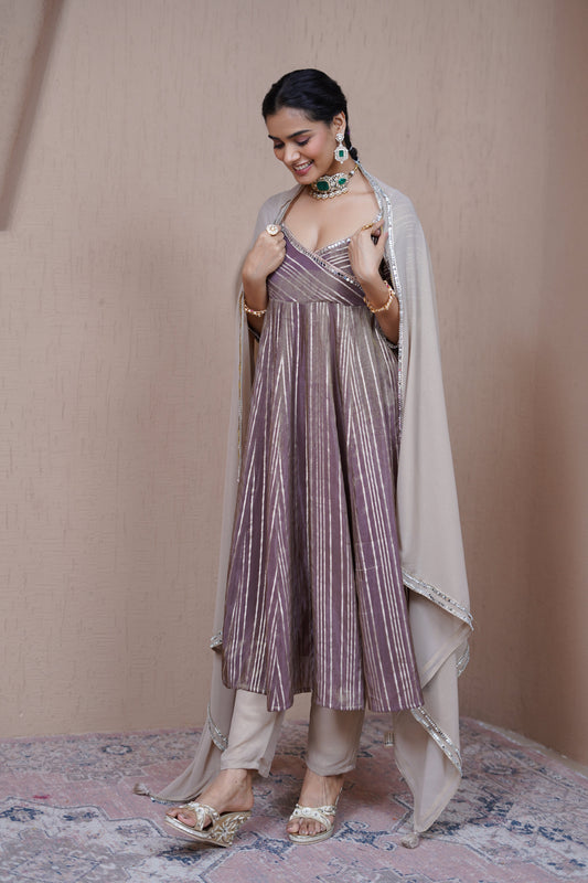 Nazaakat Resham Bronze Striped Anarkali Set