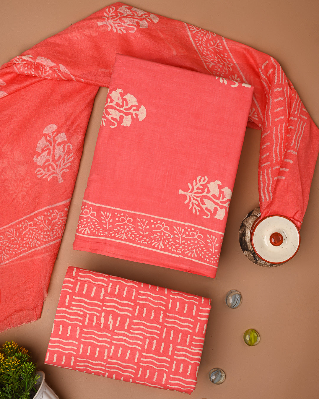 Traditional Hand Painted Cotton Sets With Chiffon Dupatta CFCOTCH39