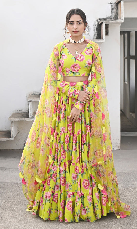 Falak Vol. 2 Neon Green Chooridar Sleeves Floral Blouse with Lehenga and Dupatta - Set of 3