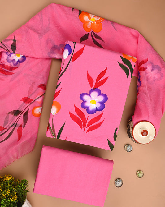 New Hand Printed Cotton Suit With Chiffon Dupatta CFCOTCH52