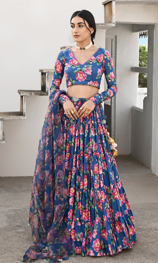 Falak Vol. 2 Prussian Blue Chooridar Sleeves Floral Blouse with Lehenga and Dupatta - Set of 3