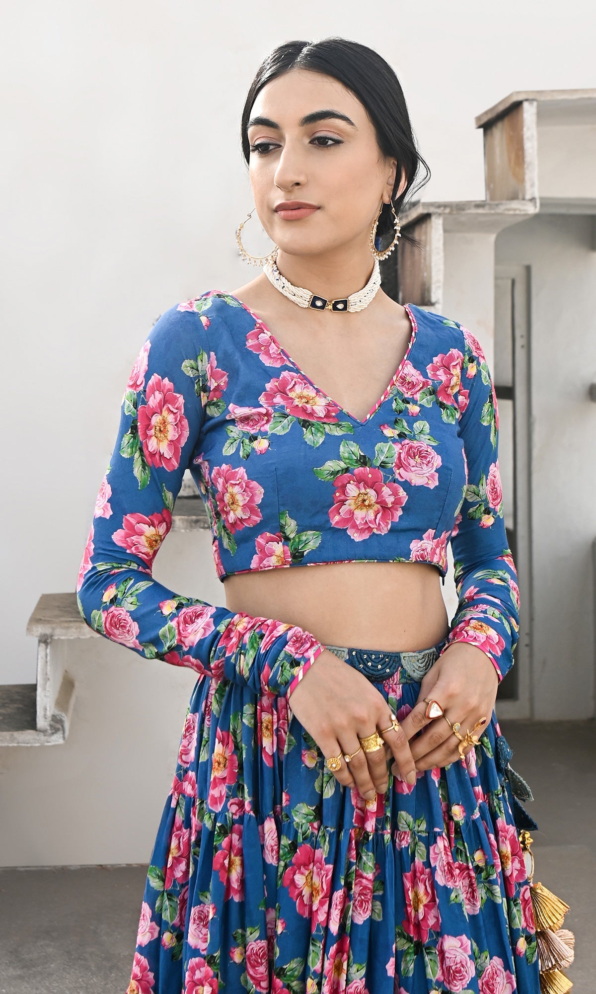 Falak Vol. 2 Prussian Blue Chooridar Sleeves Floral Blouse with Lehenga and Dupatta - Set of 3