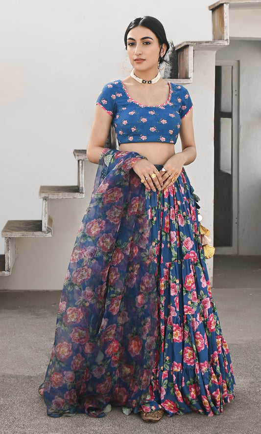 Falak Vol. 2 Prussian Blue Short Sleeve Blouse and Lehanga with Dupatta - Set of 3