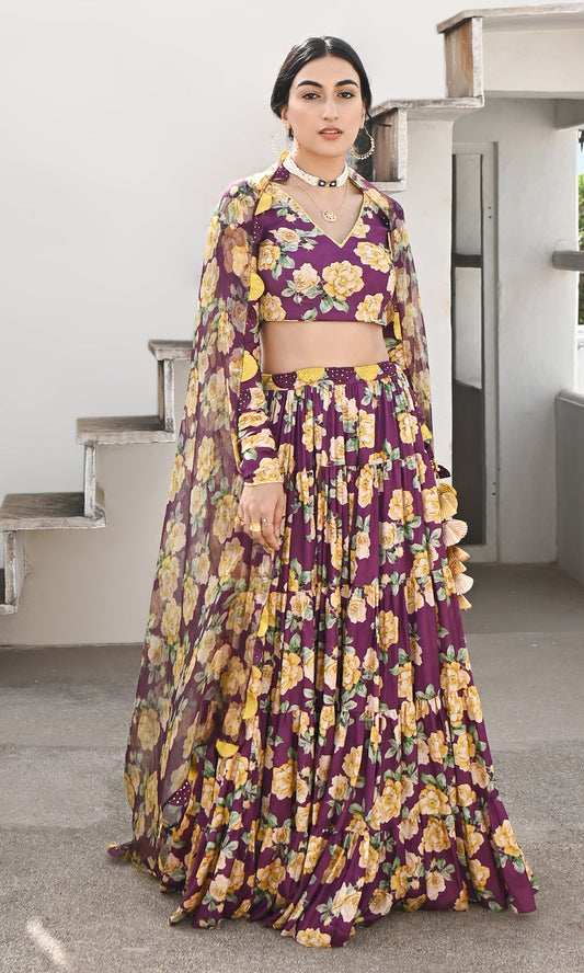 Falak Vol. 2 Purple Chooridar Sleeves Floral Blouse with Lehenga and Dupatta - Set of 3
