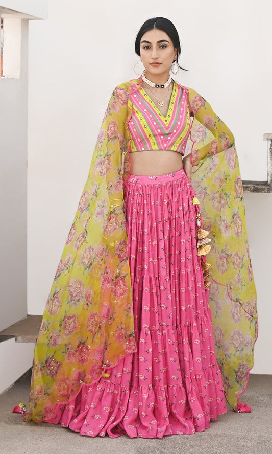 Falak Vol. 2 Neon Green Sleeveless Blouse with Tiered Lehenga and Dupatta - Set of 3