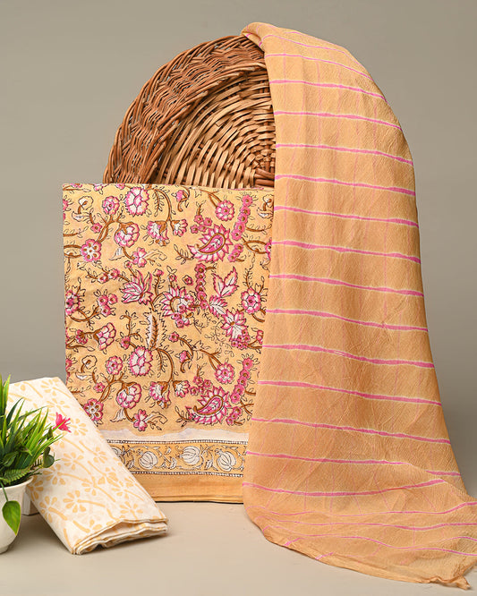 New Yellow Sanganeri Printed Cotton Suit With Chiffon Dupatta CFCOTCH09