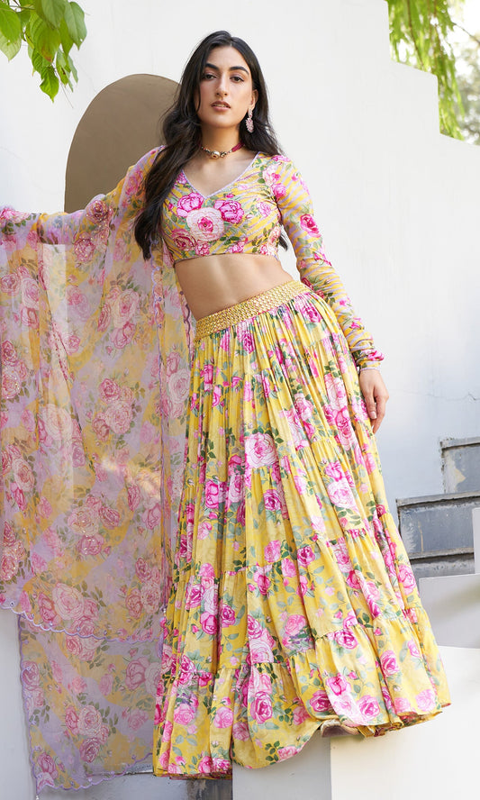 Farzeen - Yellow Floral-leheriya Embroidered Blouse with Lehenga and Dupatta