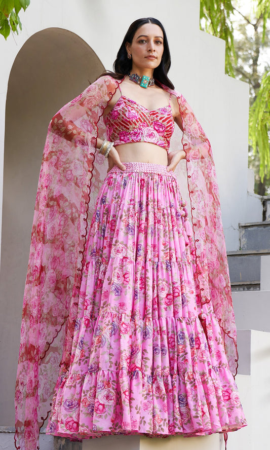 Farzeen - Pink Floral Leheriya bustier with Lehenga and Floral leheriya dupatta - Set of 3