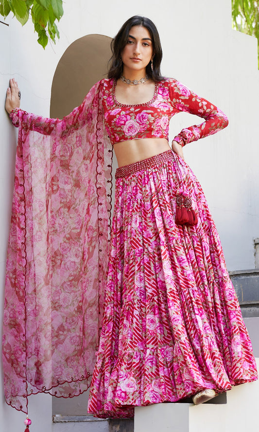 Farzeen - Red Leheriya-Floral Embroidered Tiered Lehenga with blouse and dupatta