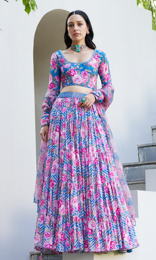 Farzeen - Cobalt Blue Leheriya Floral Embroidered Tiered Lehenga Set - Set of 3