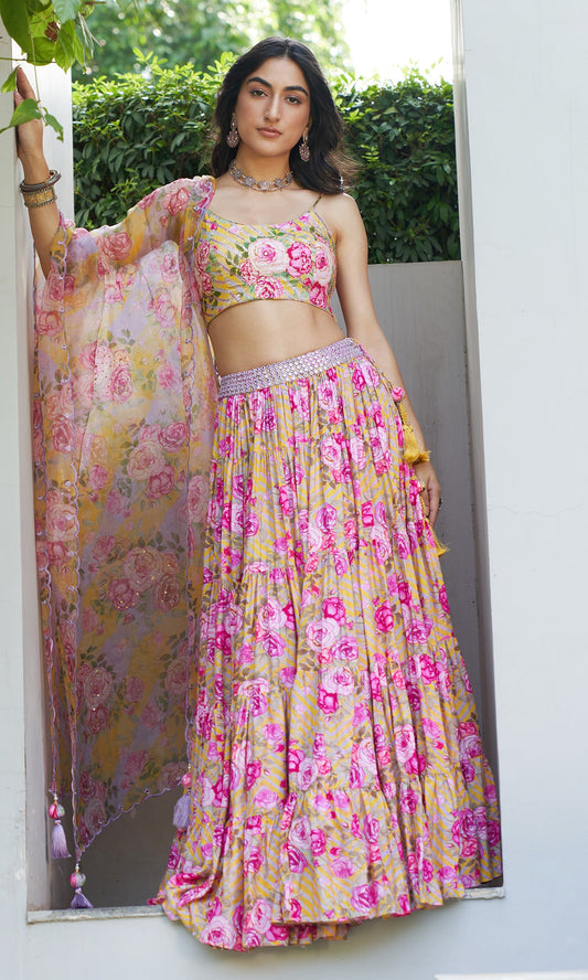 Farzeen - Lilac Lehariya Floral Embroidered Bustier with  Lehenga and Dupatta - Set of 3