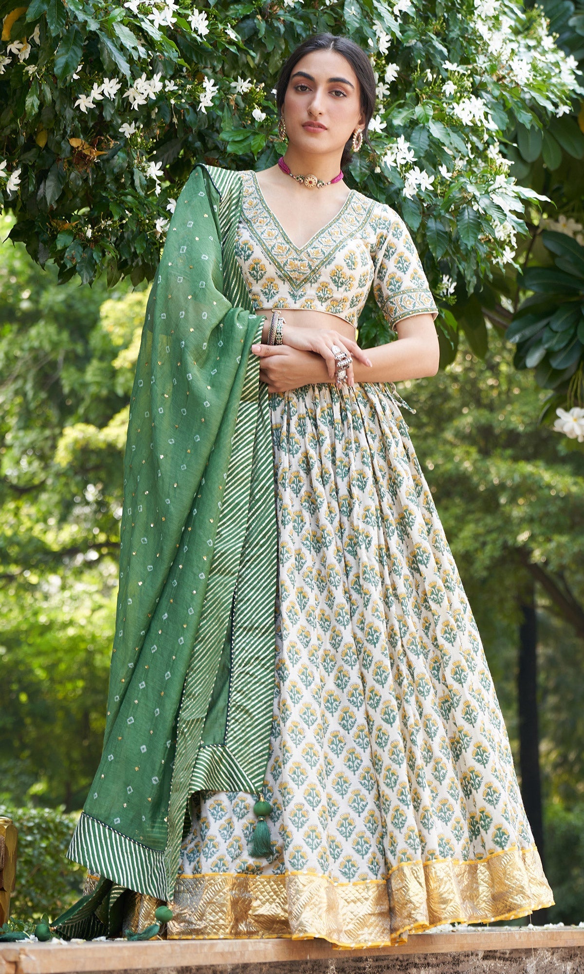 Kainaat - Green Block Printed V-Neck Blouse With Lehenga And Dupatta - Set Of 3