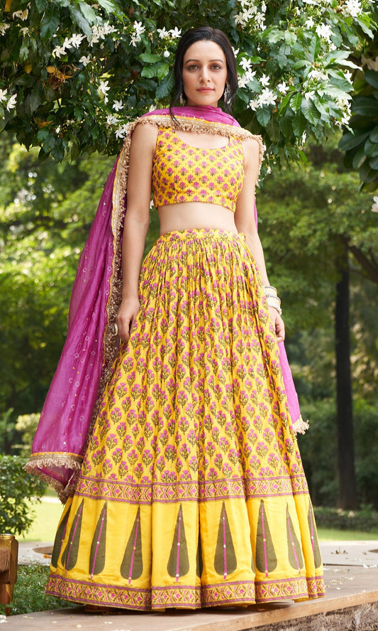 Kainaat - Mustard Yellow Sleeveless Block Printed  Lehenga Set - Set Of 3