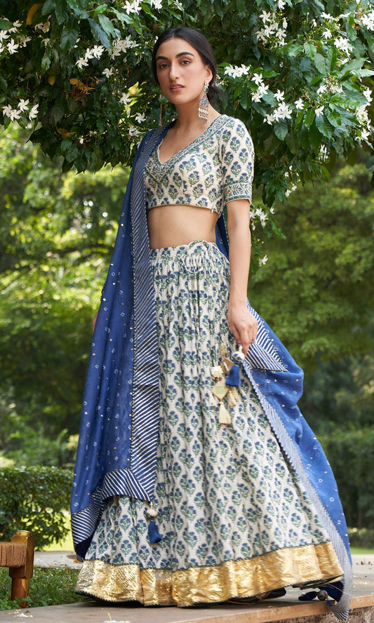 Kainaat -  Blue Block Printed V-Neck Blouse With Lehenga And Dupatta - Set Of 3