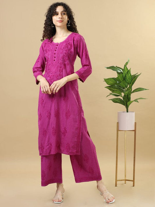 Purple 3/4th Sleeves Chanderi Chikankari Regular fit Calf length Kurta Set - Without Dupatta