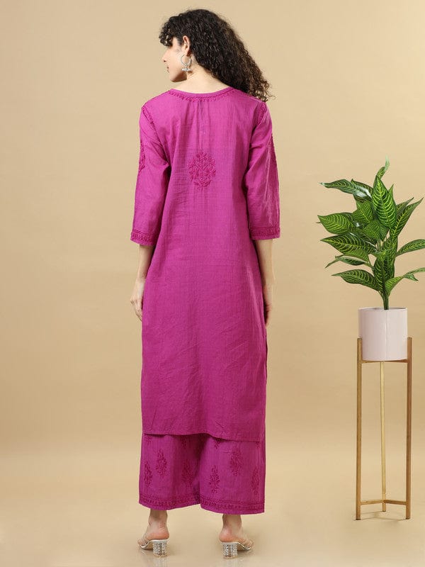Purple 3/4th Sleeves Chanderi Chikankari Regular fit Calf length Kurta Set - Without Dupatta