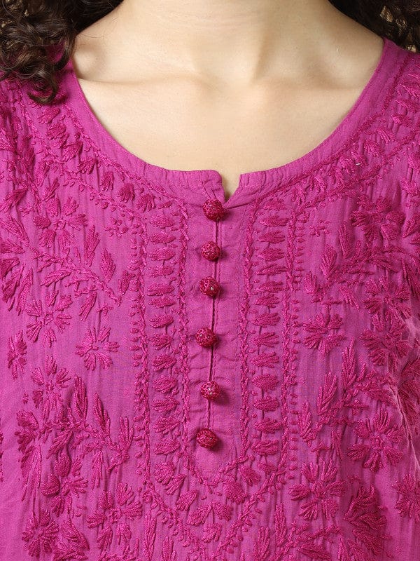 Purple 3/4th Sleeves Chanderi Chikankari Regular fit Calf length Kurta Set - Without Dupatta