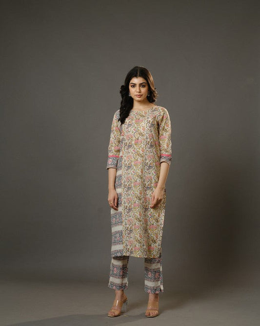 Beige 3/4th Sleeves Cotton Block Print Calf Length Kurta Set - Without Dupatta