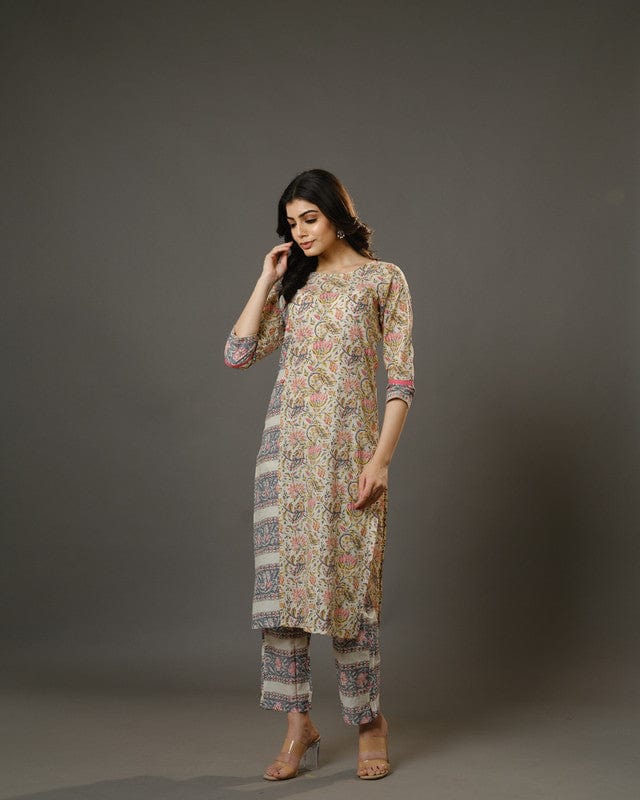Beige 3/4th Sleeves Cotton Block Print Calf Length Kurta Set - Without Dupatta