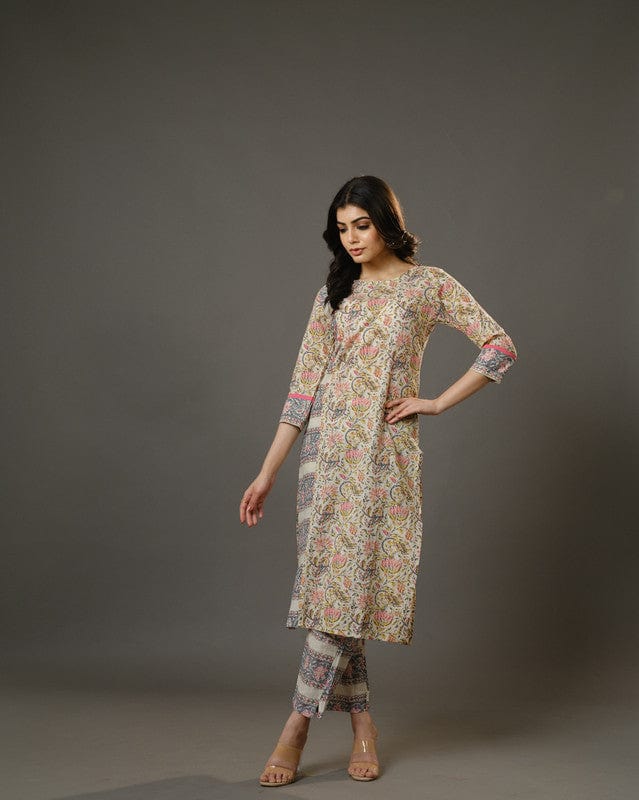 Beige 3/4th Sleeves Cotton Block Print Calf Length Kurta Set - Without Dupatta