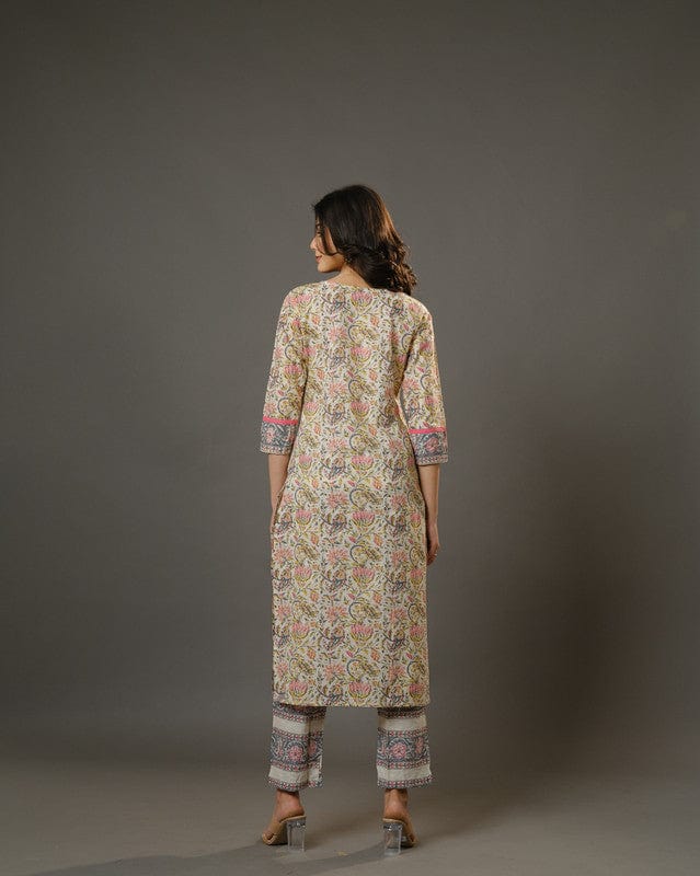 Beige 3/4th Sleeves Cotton Block Print Calf Length Kurta Set - Without Dupatta