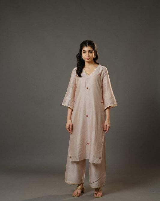 Beige 3/4th Sleeves Chanderi Floral Machine Embroidery Calf Length Kurta Set - Without Dupatta