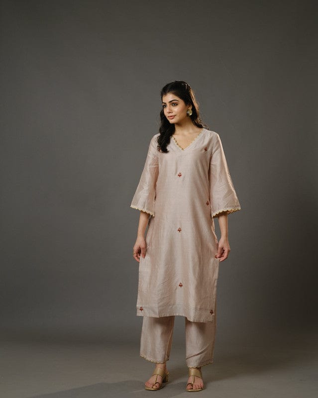 Beige 3/4th Sleeves Chanderi Floral Machine Embroidery Calf Length Kurta Set - Without Dupatta