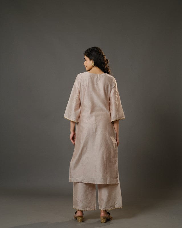 Beige 3/4th Sleeves Chanderi Floral Machine Embroidery Calf Length Kurta Set - Without Dupatta