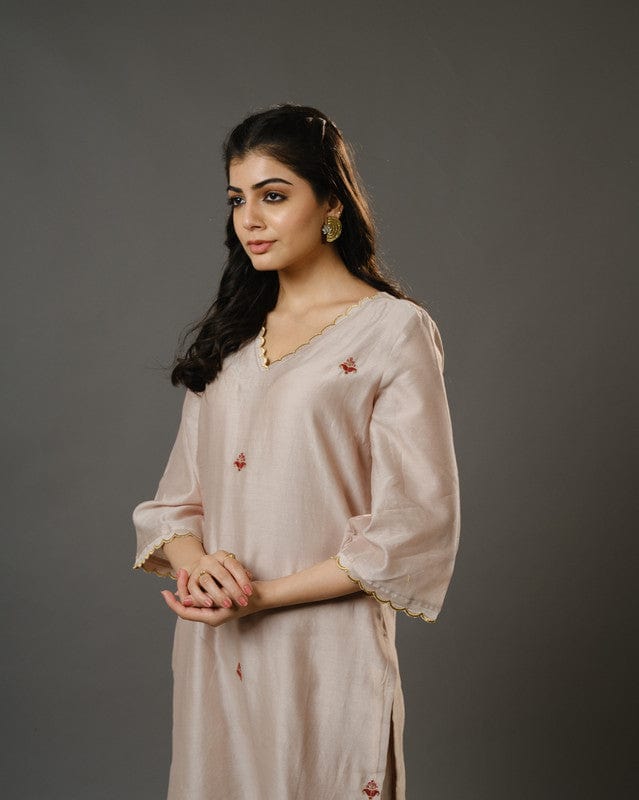 Beige 3/4th Sleeves Chanderi Floral Machine Embroidery Calf Length Kurta Set - Without Dupatta