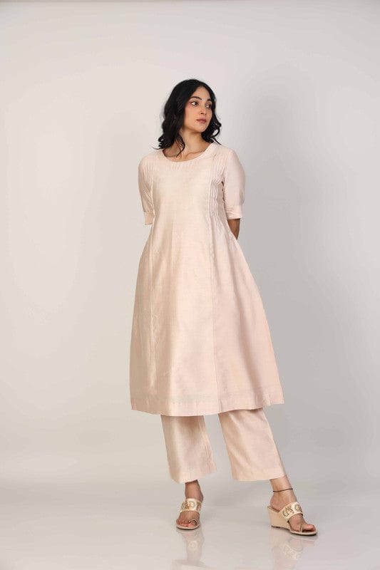Biscuit Elbow Sleeves Chanderi Knife pleats at the front Calf length Kurta Set - Without Dupatta