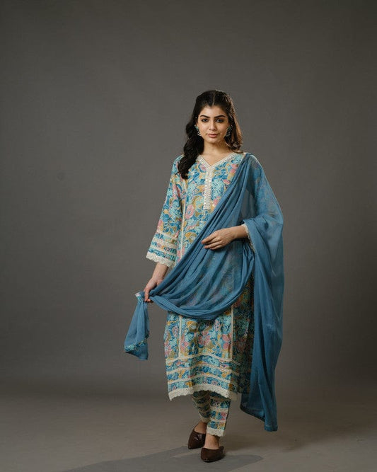 Stone Blue 3/4th Sleeves Chanderi Digital Floral Print, Mirror Work Calf Length Kurta Set - With Dupatta