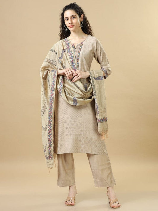 Light Brown 3/4Th Sleeves Chanderi Regular Fit Calf Length Straight Kurta Set - With Dupatta