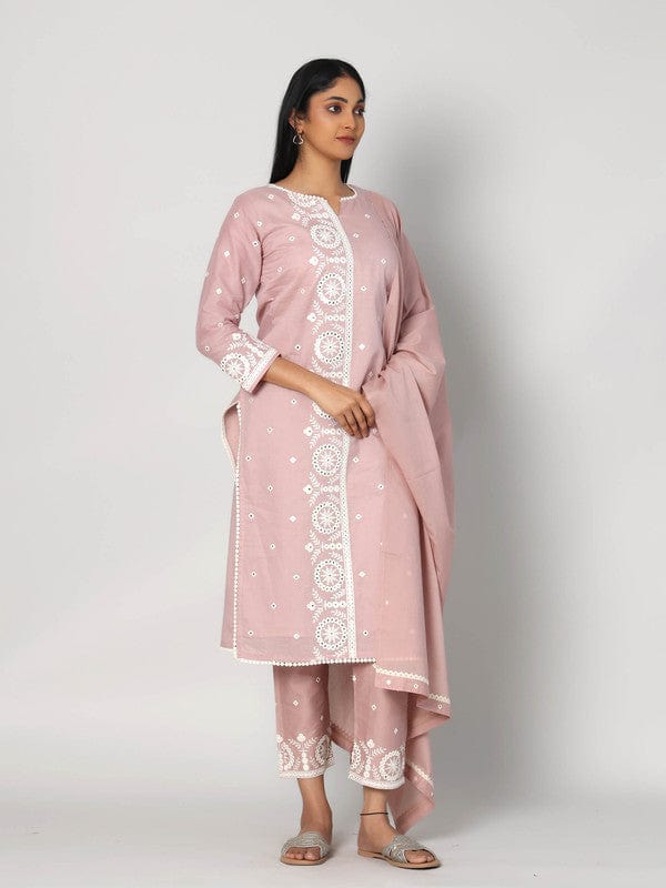 Mauve 3/4th Sleeves Cotton Thread work and mirror work Calf length Kurta Set - With Dupatta