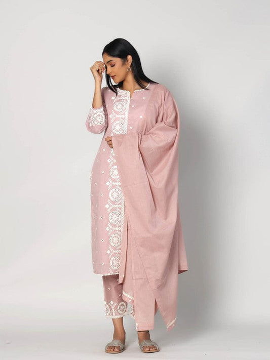 Mauve 3/4th Sleeves Cotton Thread work and mirror work Calf length Kurta Set - With Dupatta