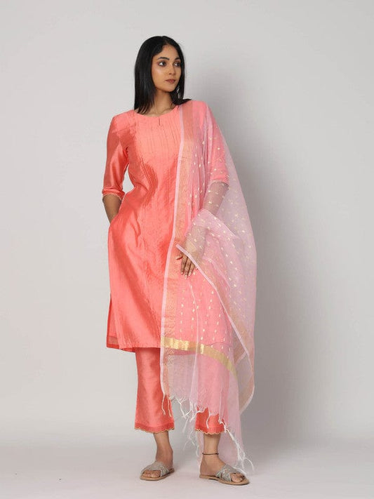 Peach 3/4th Sleeves Chanderi Knife pleats at the front with zari stitch Calf length Kurta Set - With Dupatta