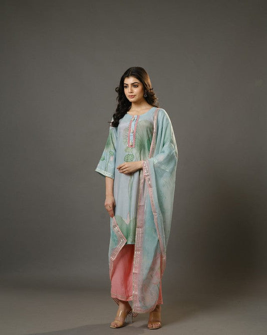 Sky Blue 3/4th Sleeves Chanderi Digital Floral Print, Embellishment Work Knee Length Kurta Set - With Dupatta