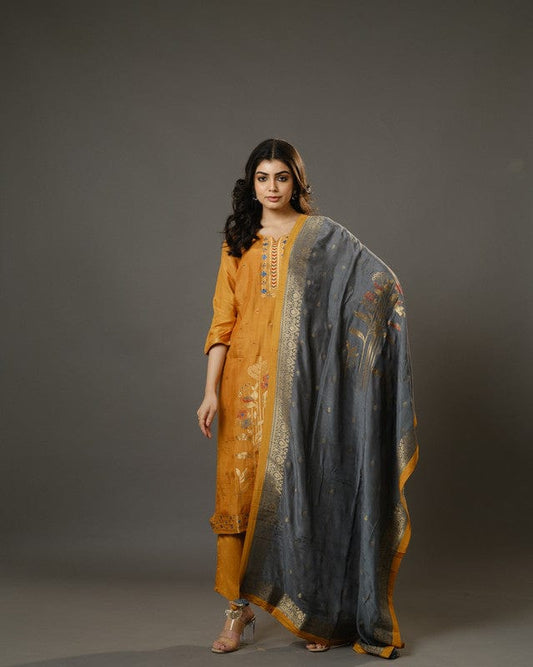 Yellow 3/4th Sleeves Chanderi Banarasi Print, Mirror Work Calf Length Kurta Set - With Dupatta