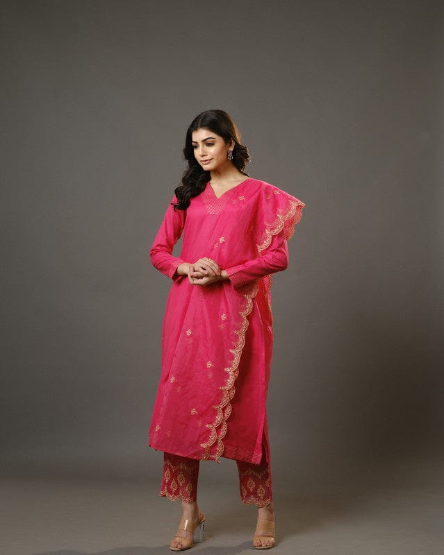 Pink Full Sleeves Cotton Blend Slub Thread Work  Calf Length Kurta Set - With Dupatta