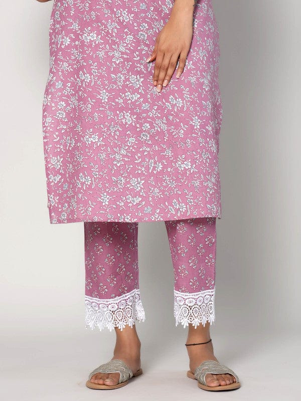 Mauve 3/4th Sleeves Cotton All over print Calf length Kurta Set - With Dupatta