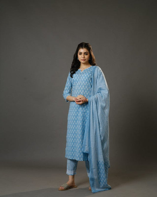 Sky Blue 3/4th Sleeves Cotton Block Print Calf Length Kurta Set - With Dupatta
