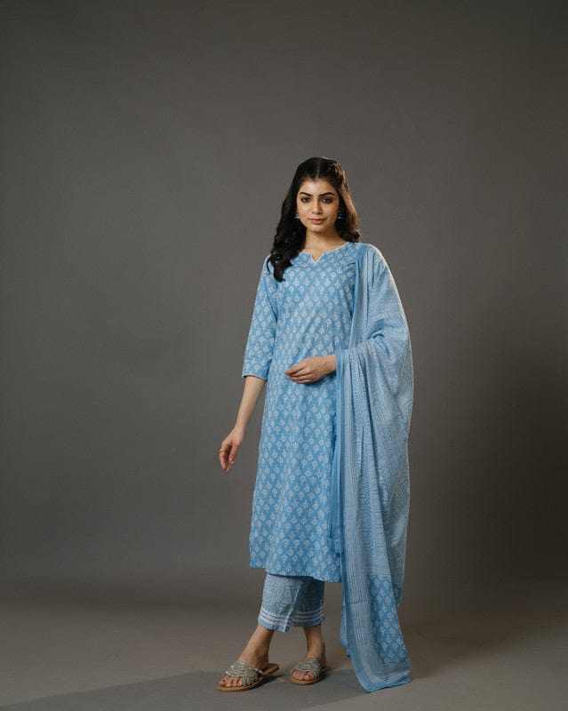 Sky Blue 3/4th Sleeves Cotton Block Print Calf Length Kurta Set - With Dupatta