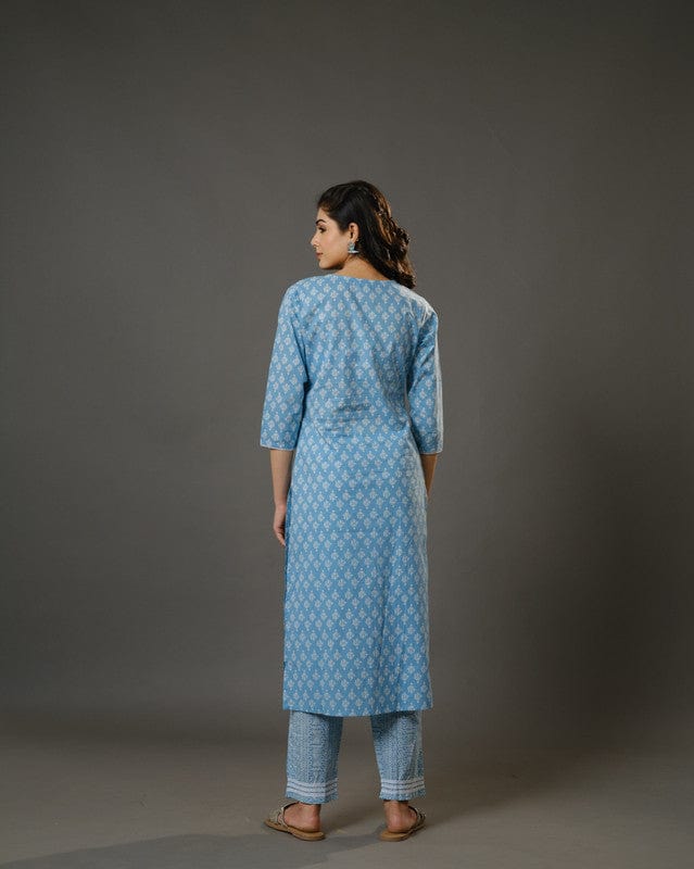 Sky Blue 3/4th Sleeves Cotton Block Print Calf Length Kurta Set - With Dupatta
