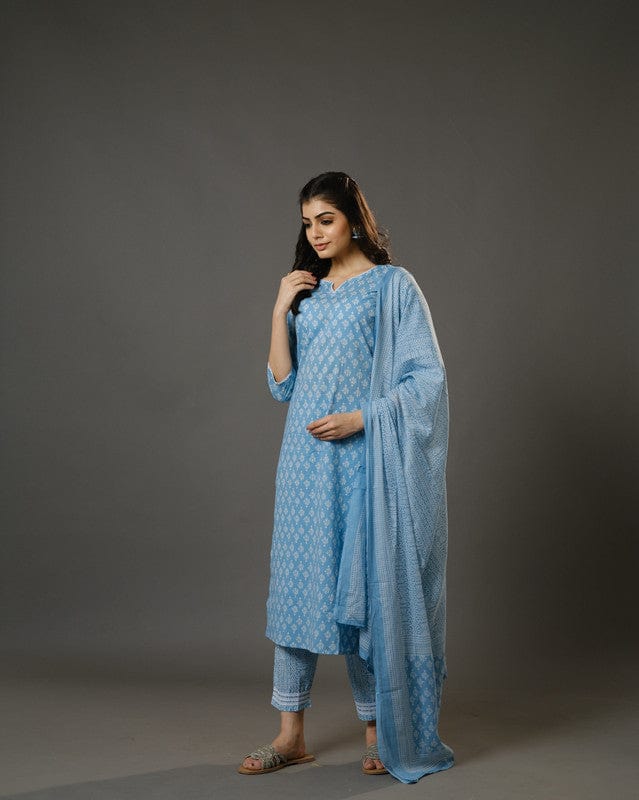 Sky Blue 3/4th Sleeves Cotton Block Print Calf Length Kurta Set - With Dupatta