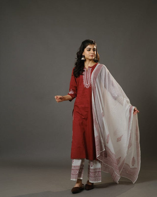 Maroon 3/4th Sleeves Cotton Machine Embroidery, Block Print Calf Length Kurta Set - With Dupatta