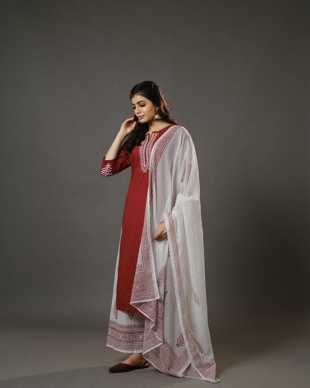 Maroon 3/4th Sleeves Cotton Machine Embroidery, Block Print Calf Length Kurta Set - With Dupatta