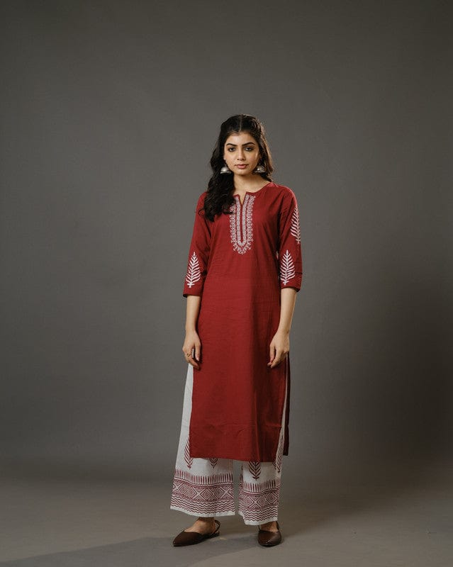 Maroon 3/4th Sleeves Cotton Machine Embroidery, Block Print Calf Length Kurta Set - With Dupatta