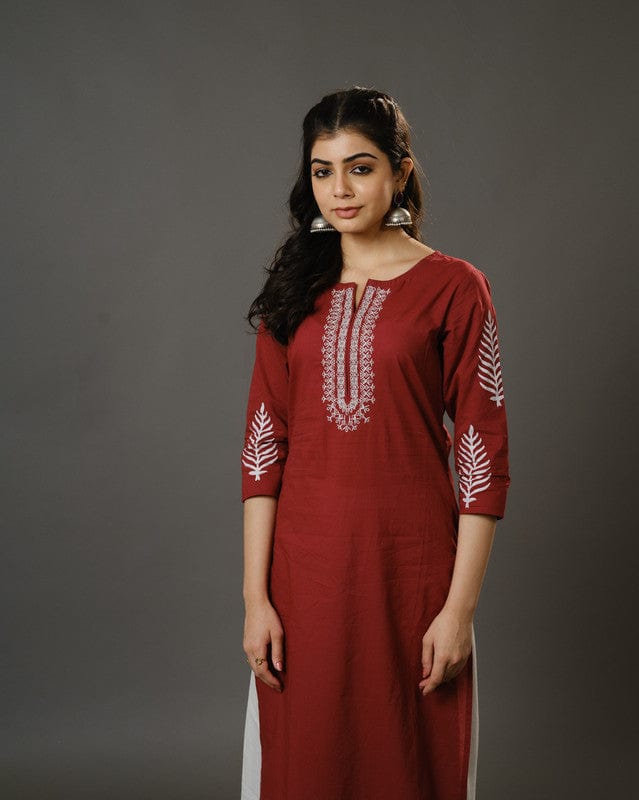 Maroon 3/4th Sleeves Cotton Machine Embroidery, Block Print Calf Length Kurta Set - With Dupatta