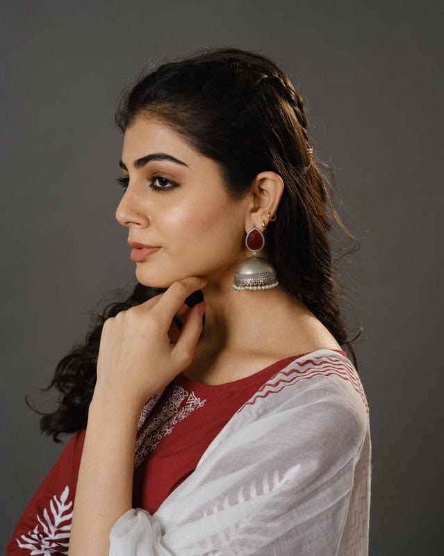 Maroon 3/4th Sleeves Cotton Machine Embroidery, Block Print Calf Length Kurta Set - With Dupatta