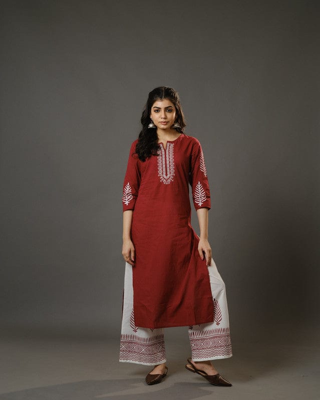Maroon 3/4th Sleeves Cotton Machine Embroidery, Block Print Calf Length Kurta Set - With Dupatta