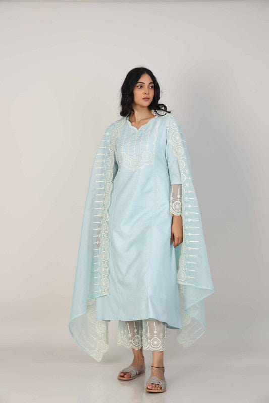 Sky Blue Full Sleeves Rayon Thread work Calf length Kurta Set - With Dupatta